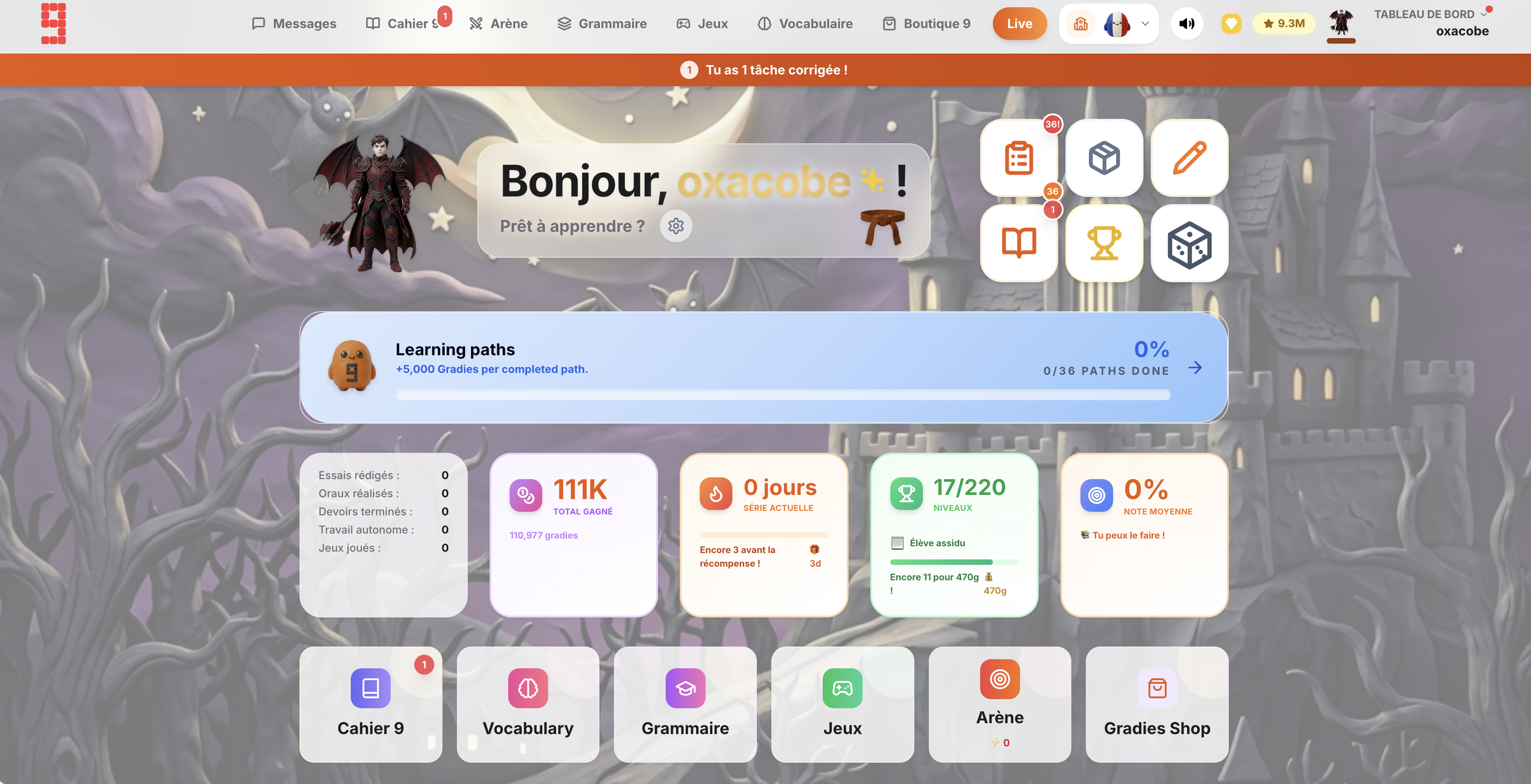 Grade 9 School student dashboard for independent language practice